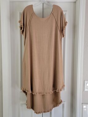 Umgee Linen Blend Short Sleeve Hi Lo Dress Fringe Hem Pockets Coastal Boho Sz- L